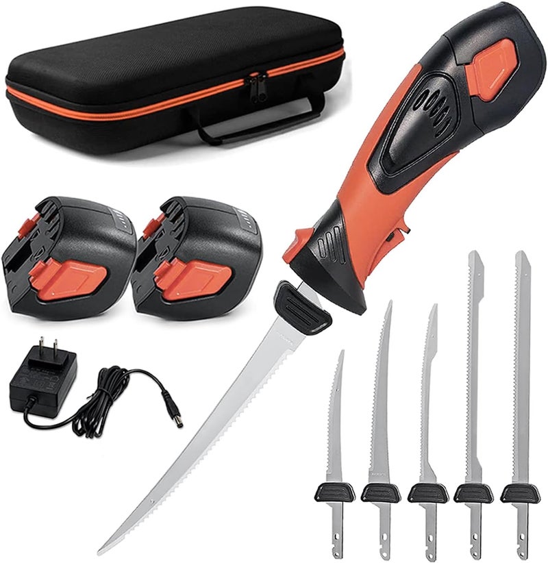 Pratuor Cordless Electric Fillet Knife - 5 Ti-Nitride Coated Non-Stick Blades, Ergonomic Non-Slip Grip Handle & Cooling Vent Stylish with Carry Bag ,Perfect Electric Knife for Effortless Fishing (Orange) - Image 1